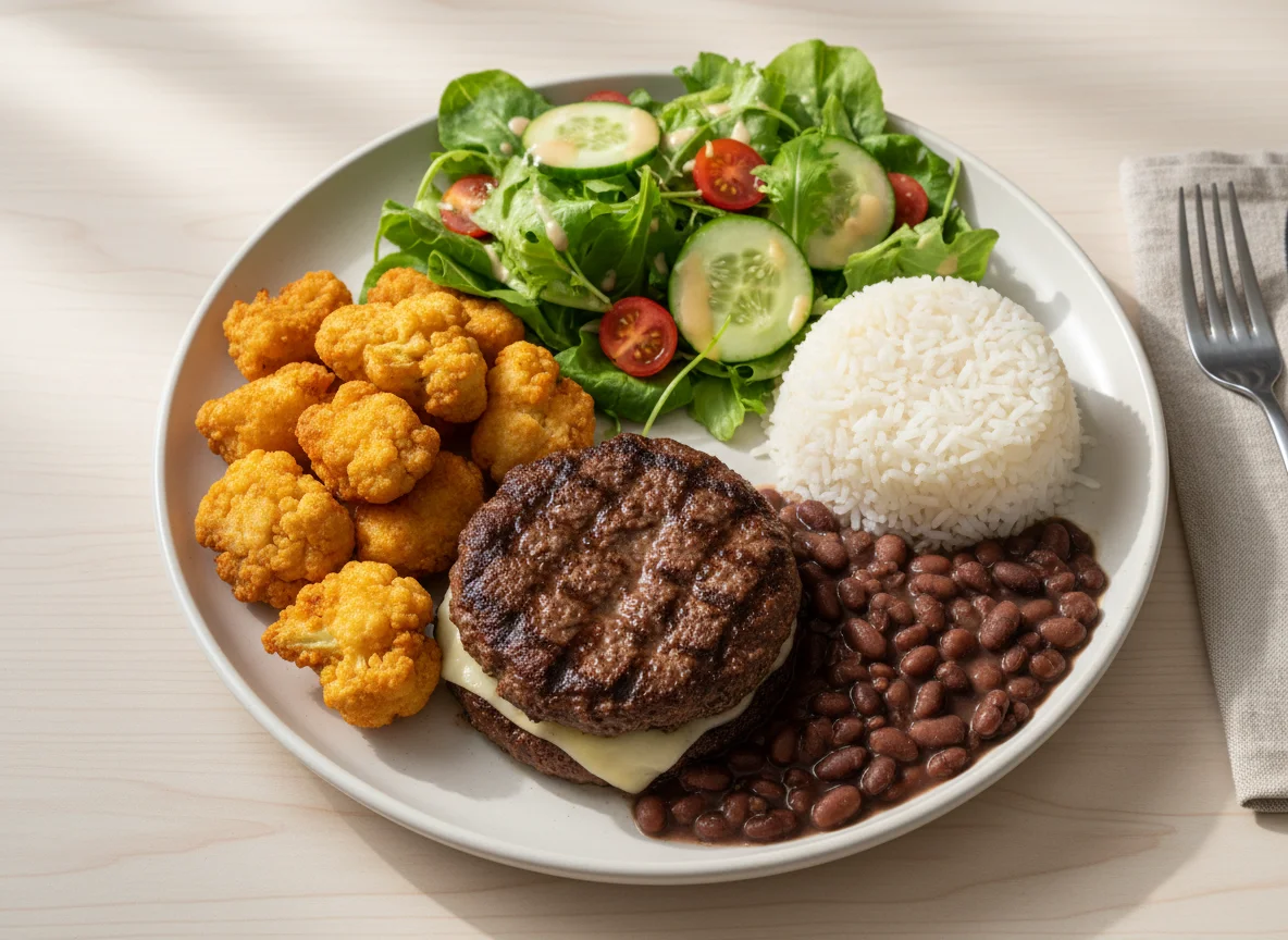 Prato com hambúrguer, couve-flor frita, salada e arroz com feijão photo