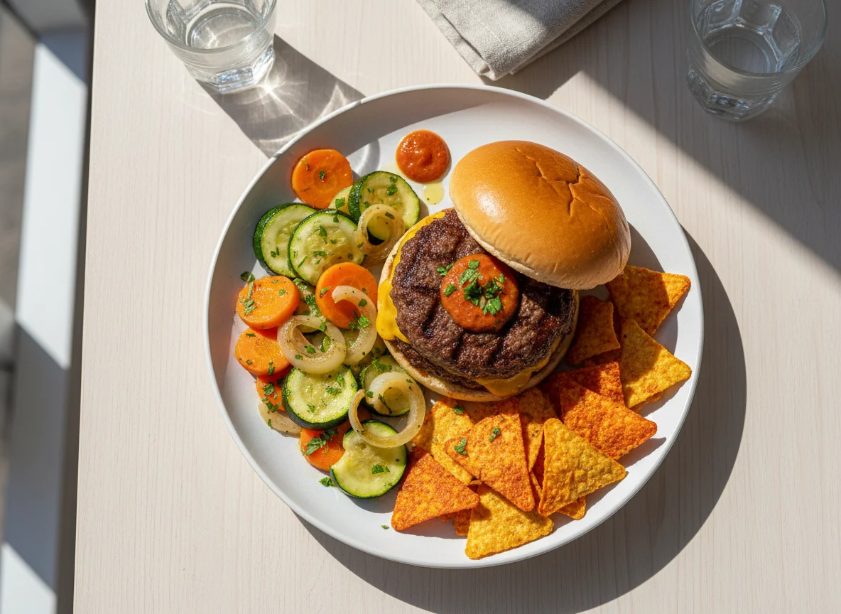 Prato com hambúrguer, vegetais e salgadinhos photo
