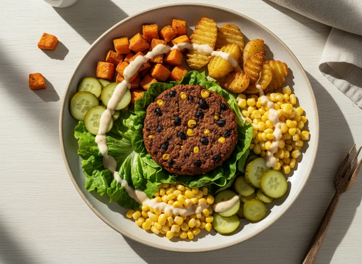 Prato com hambúrguer vegetariano e salada photo