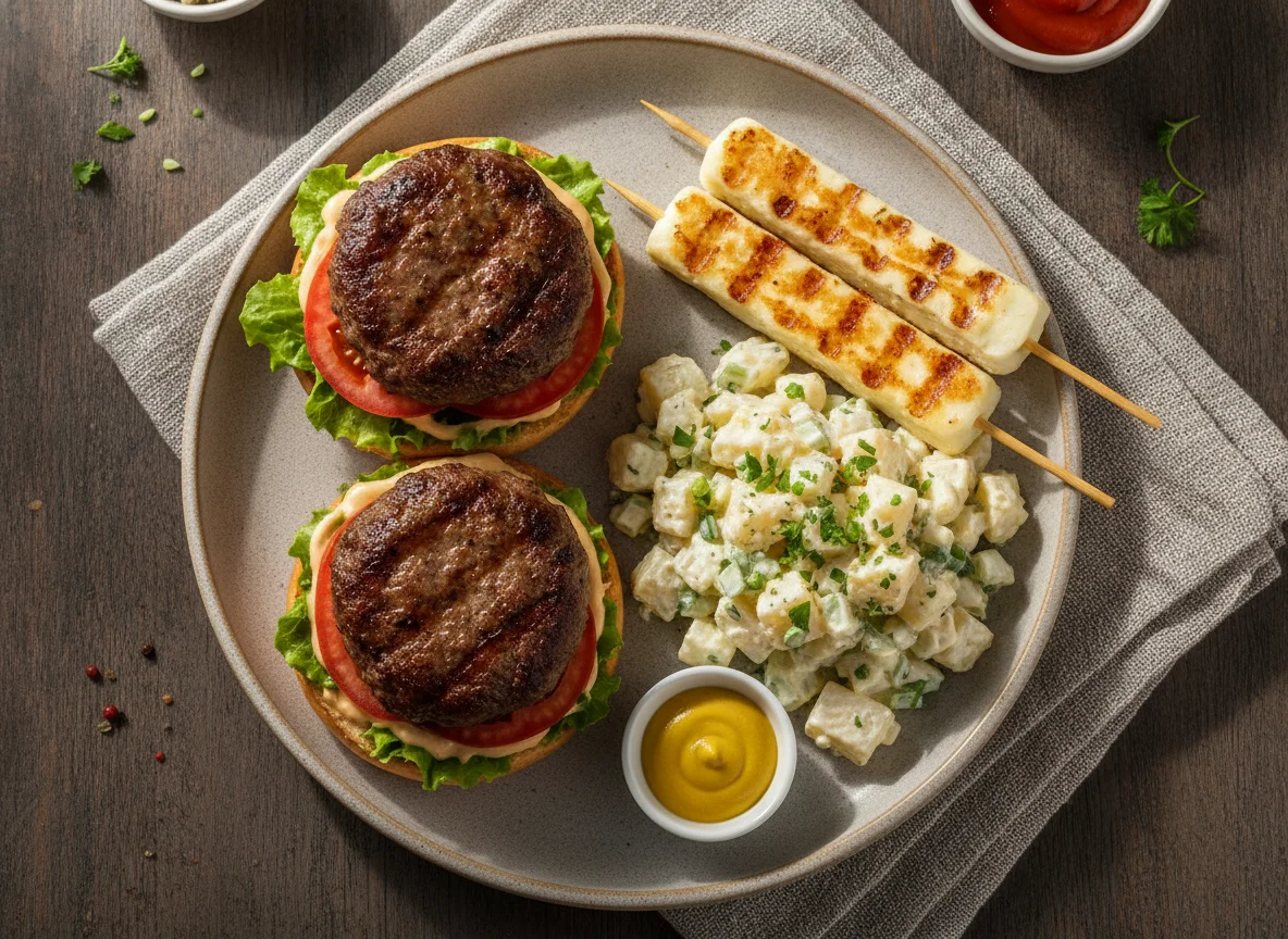 Prato com hambúrgueres, salada de batata e espetinho de queijo photo