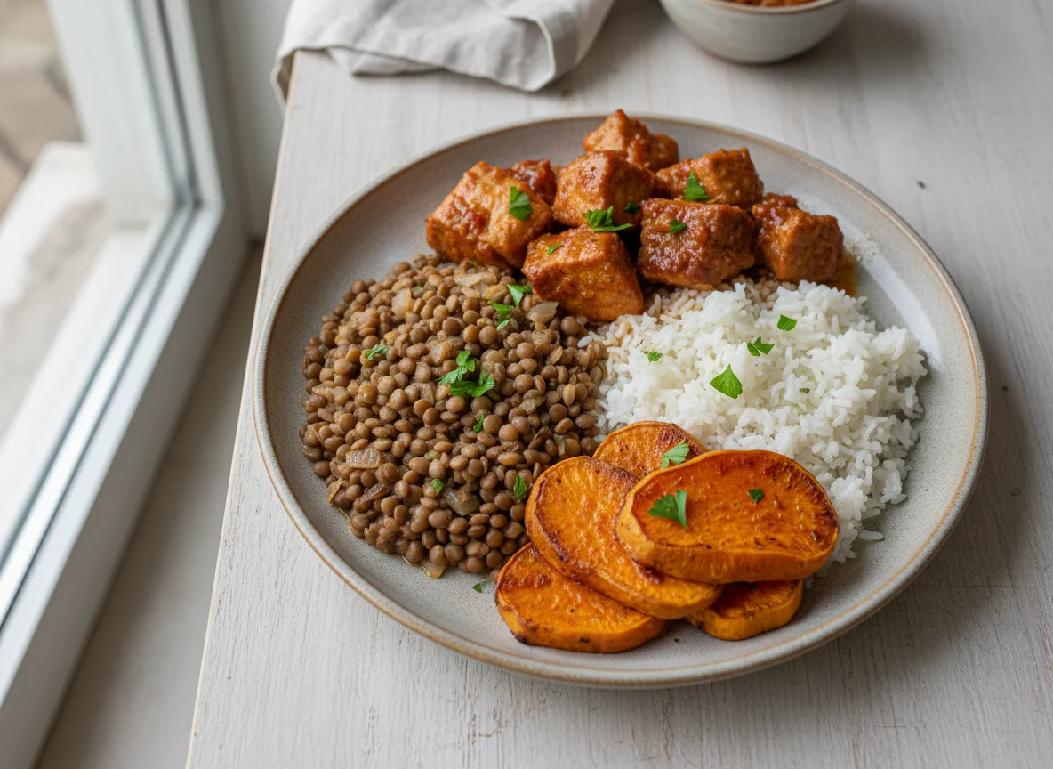 Prato com lentilha, arroz, batata doce e carne de porco photo
