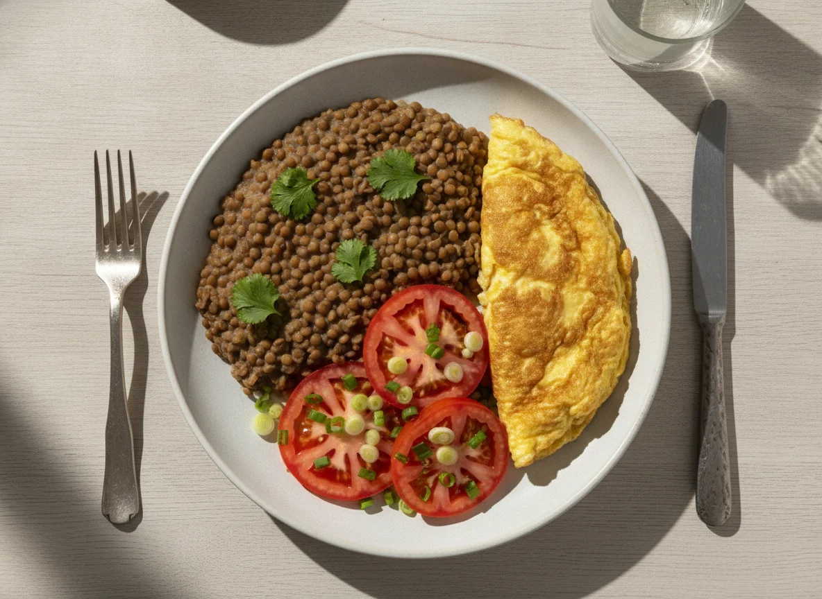 Prato com lentilha, omelete e salada de tomate photo