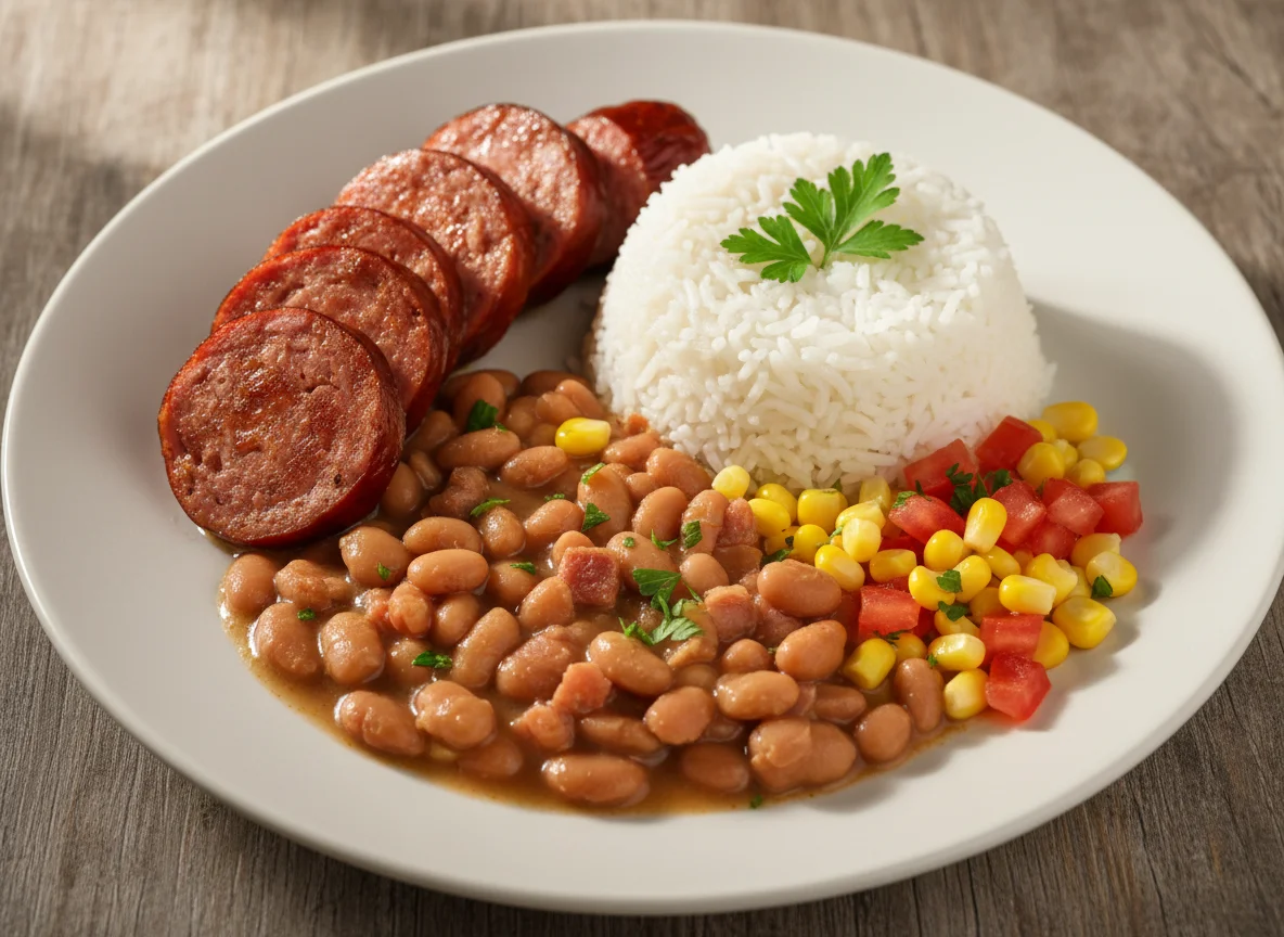 Prato com linguiça, arroz e feijão photo