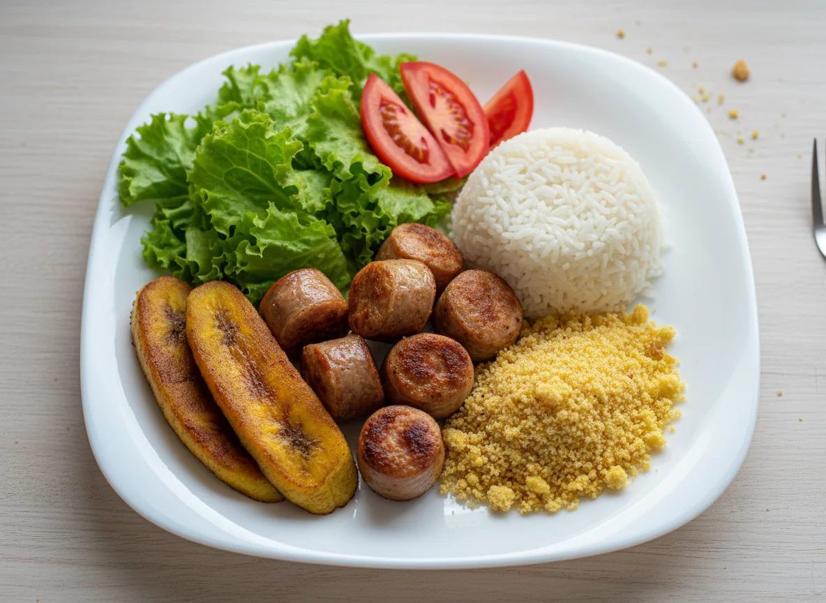 Prato com linguiça, arroz, farofa, banana da terra e salada photo