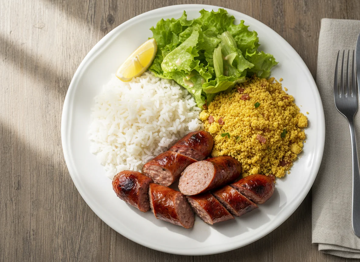 Prato com linguiça, arroz, farofa e alface photo