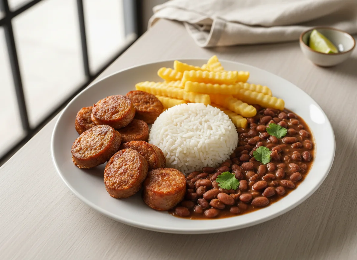 Prato com linguiça, arroz, feijão e batata frita photo