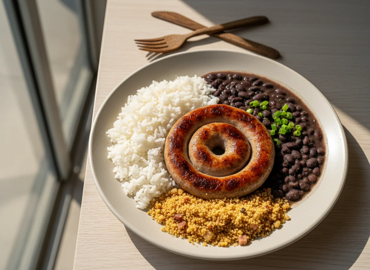 Prato com linguiça, arroz, feijão e farofa photo