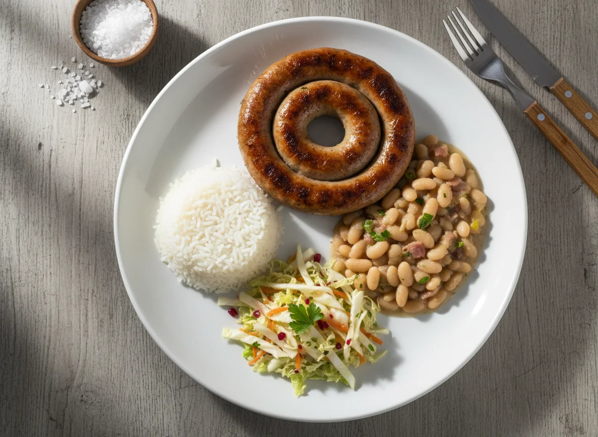 Prato com linguiça, arroz, feijão e salada photo