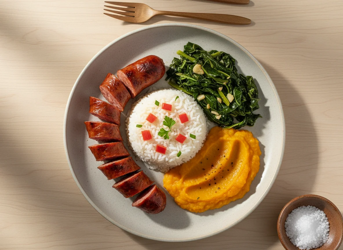 Prato com linguiça, arroz, purê de abóbora e couve refogada photo