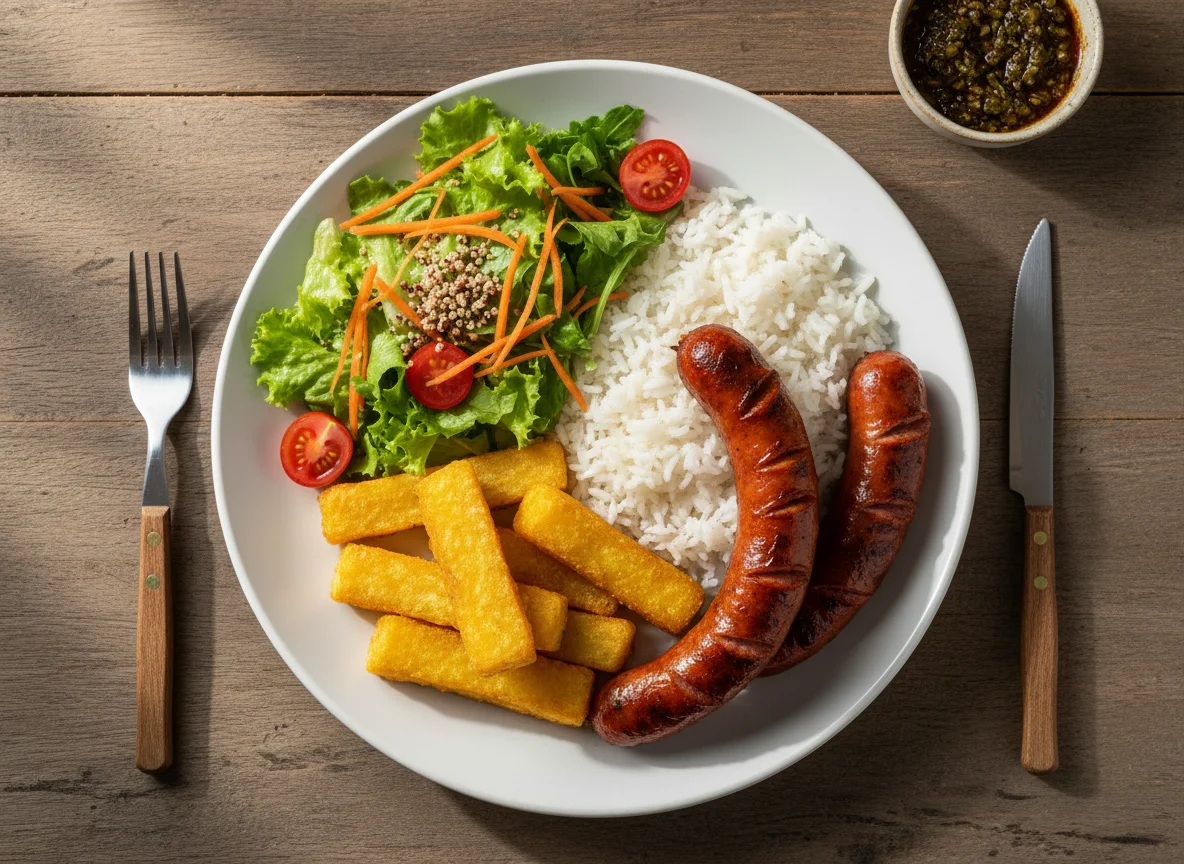 Prato com linguiça, arroz, salada e polenta frita photo