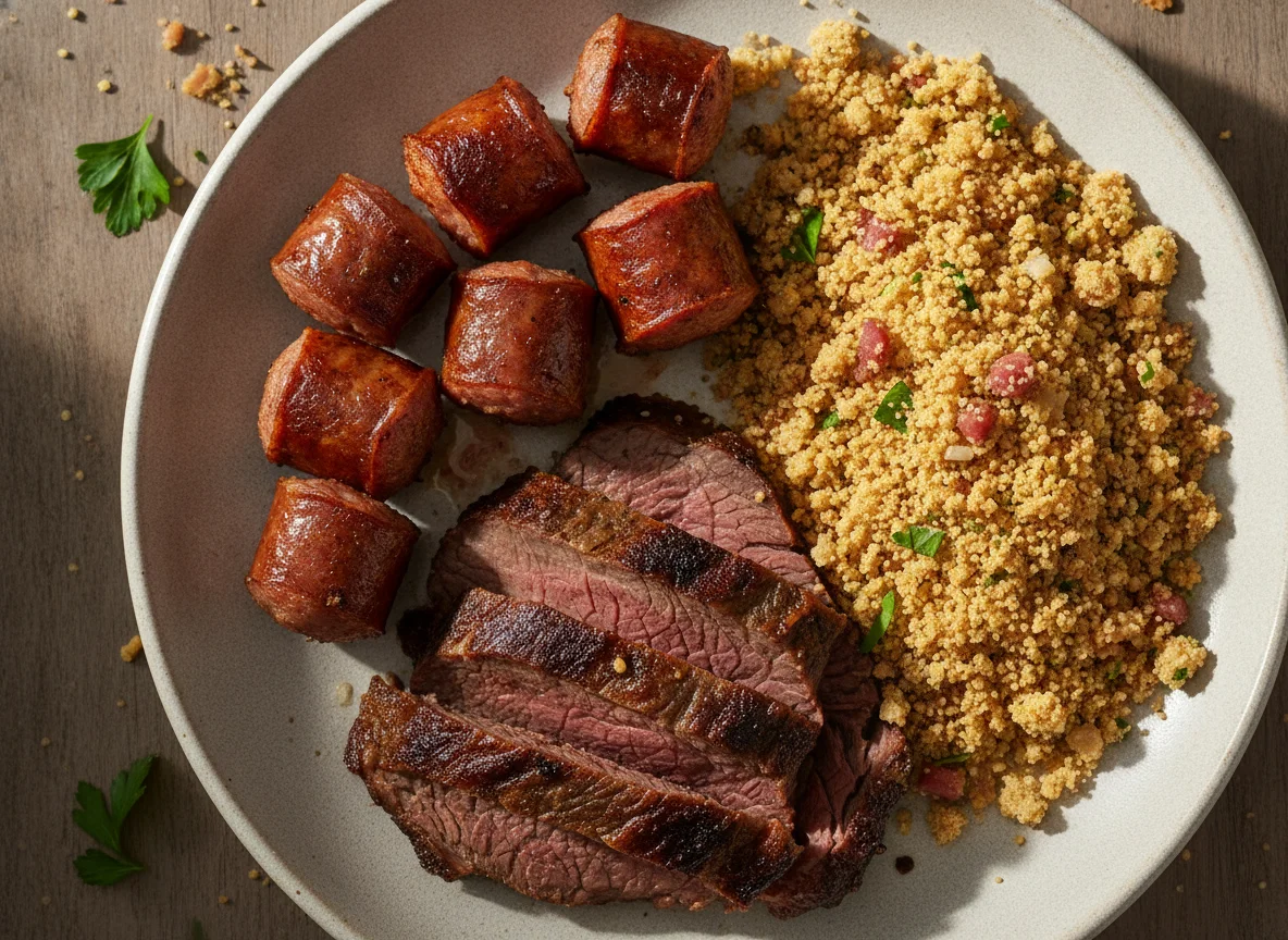 Prato com linguiça, carne e farofa photo