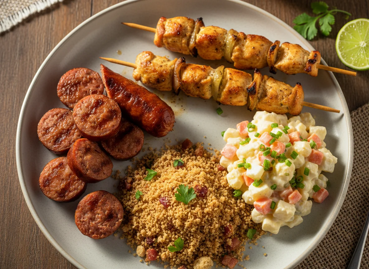 Prato com linguiça, espetinho de frango, farofa e salada de maionese photo