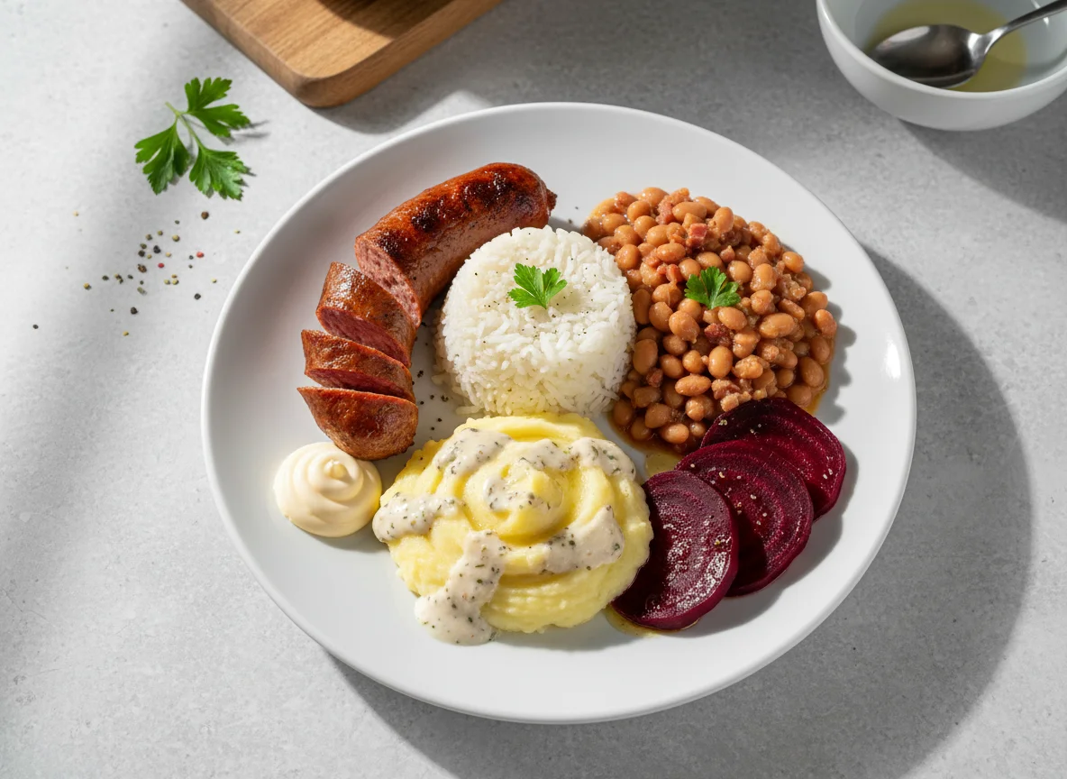 Prato com linguiça, feijão, arroz, purê e beterraba photo