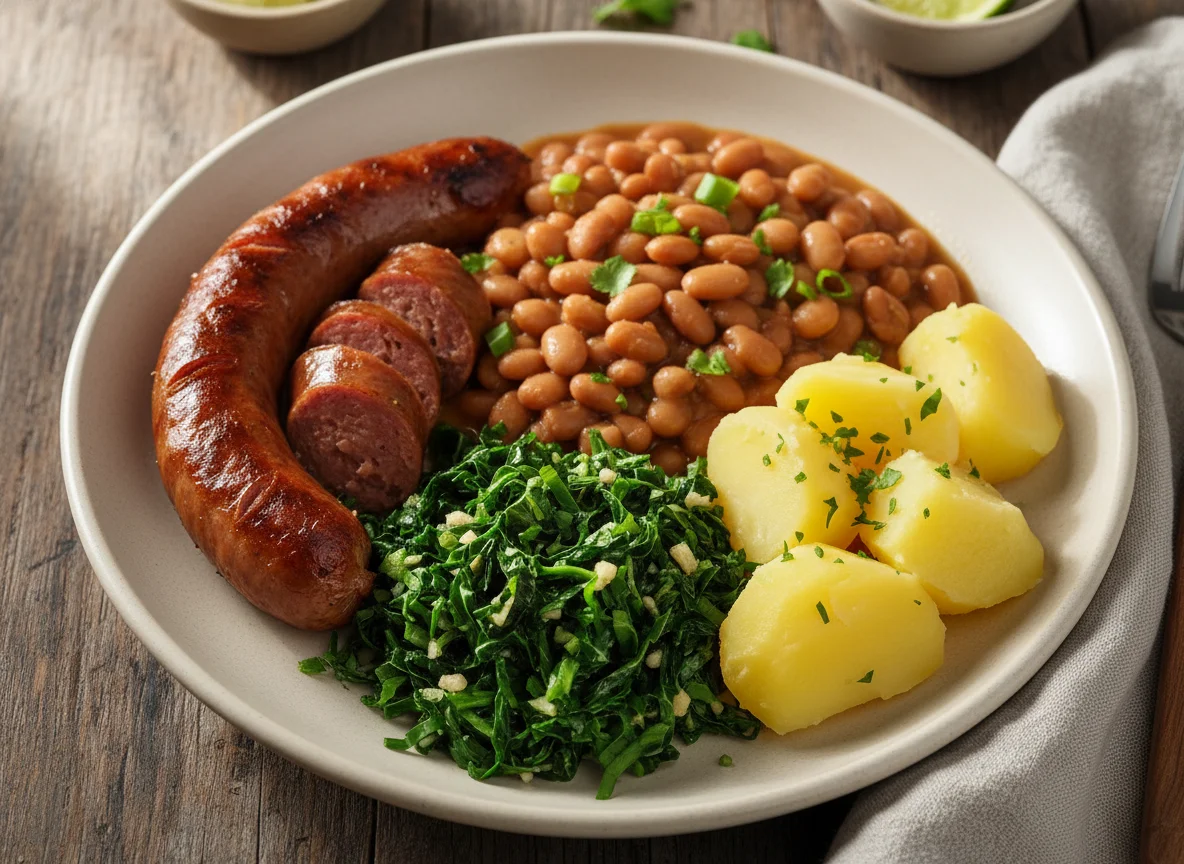 Prato com linguiça, feijão, couve e batatas photo