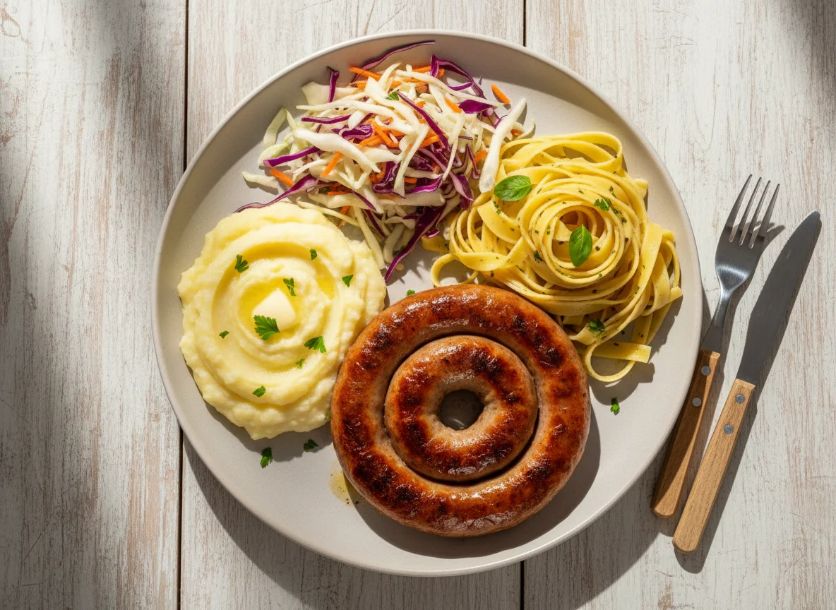 Prato com linguiça, purê de batata, macarrão e salada de repolho e cenoura photo