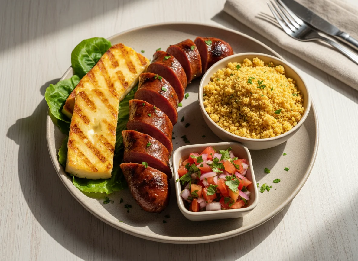 Prato com linguiça, vinagrete, farofa e queijo coalho photo