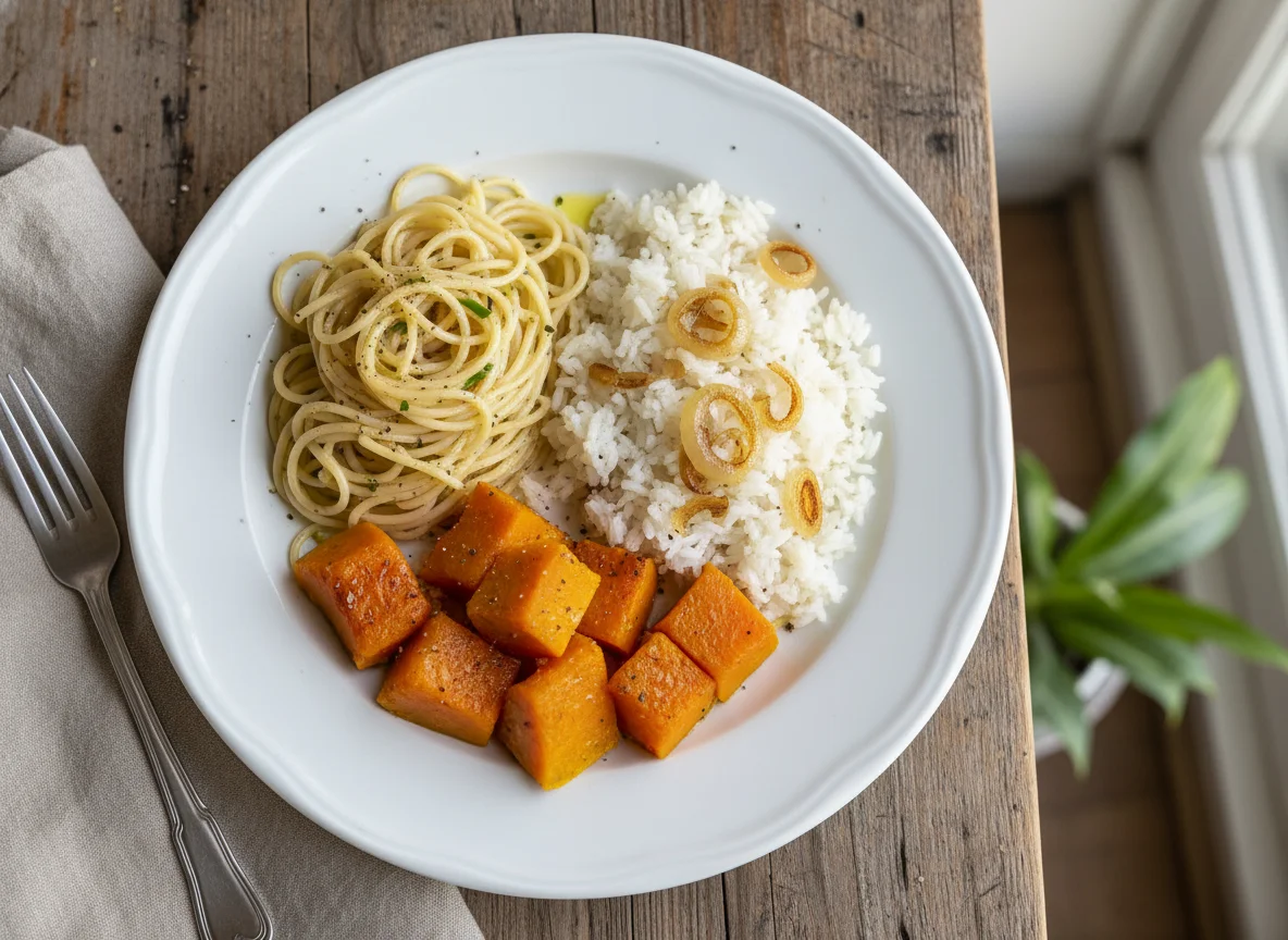 Prato com macarrão, arroz, cebola refogada e abóbora photo