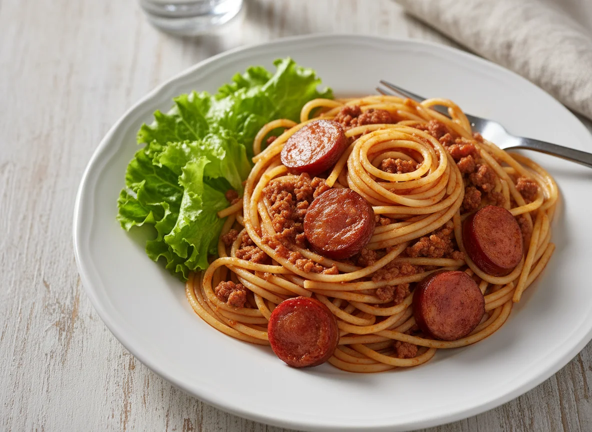 Prato com macarrão, carne moída e linguiça photo