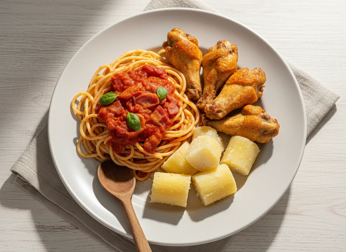 Prato com macarrão, mandioca e frango photo