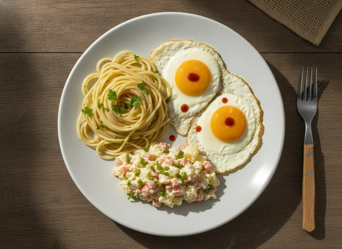 Prato com macarrão, ovos fritos e salada de maionese photo