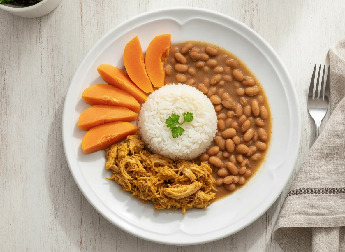Prato com mamão, arroz com frango e feijão photo