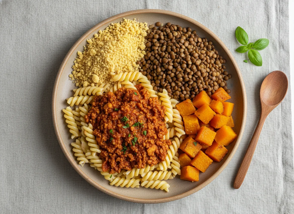 Prato com Massa, Proteína de Soja, Lentilha e Abóbora photo