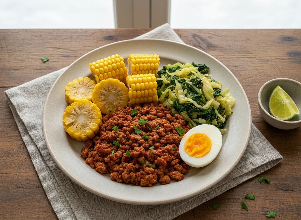 Prato com milho, carne moída e salada photo