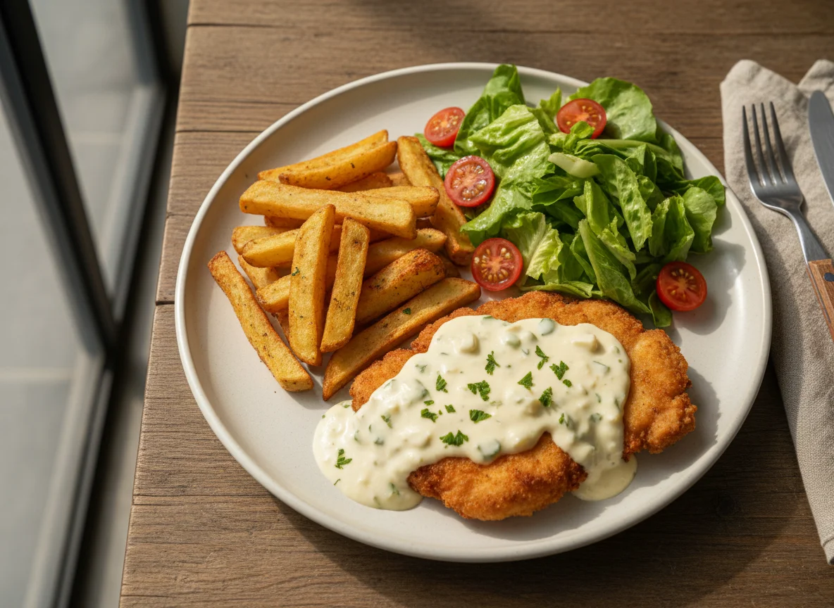 Prato com molho branco, batata frita e salada photo