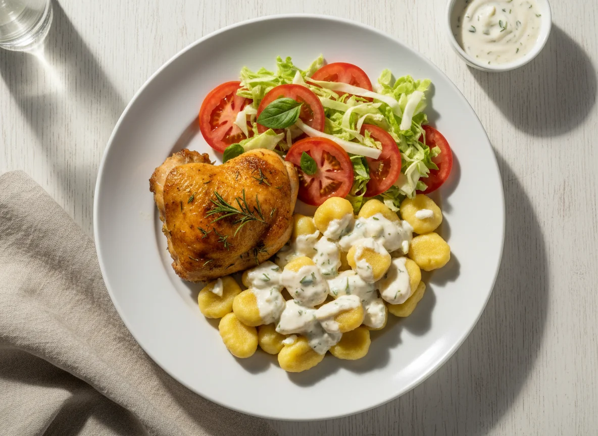 Prato com Nhoque, Frango e Salada photo