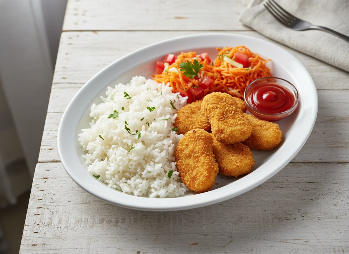 Prato com nuggets, arroz e salada de cenoura photo