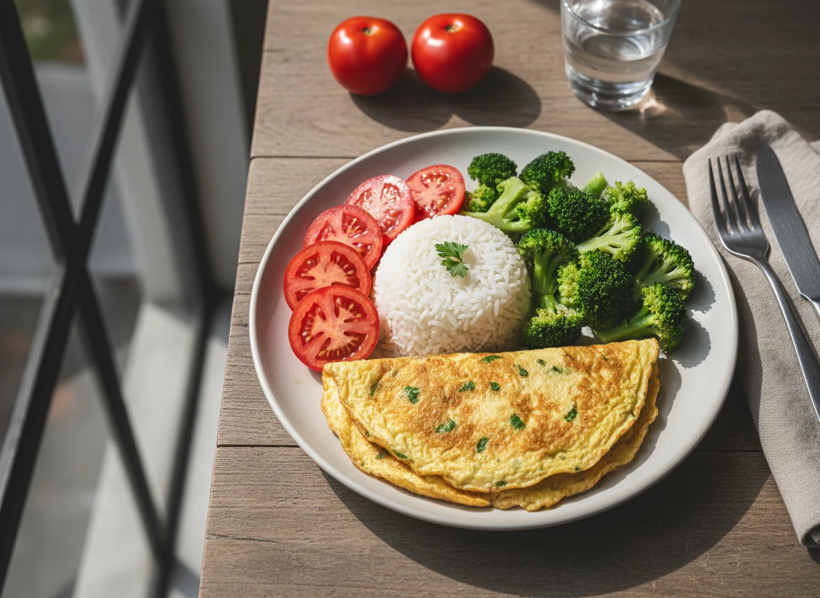 Prato com omelete, arroz, brócolis e tomate photo