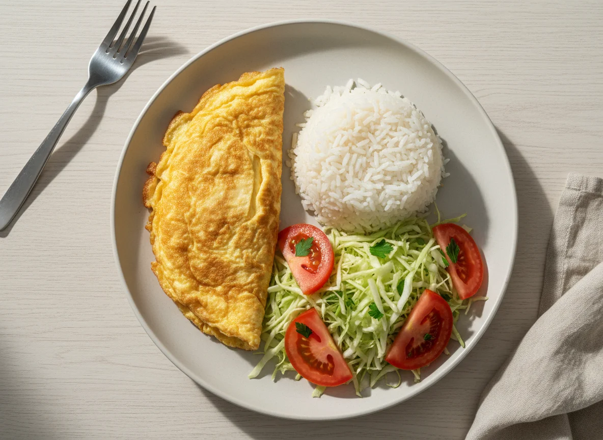 Prato com omelete, arroz e salada photo