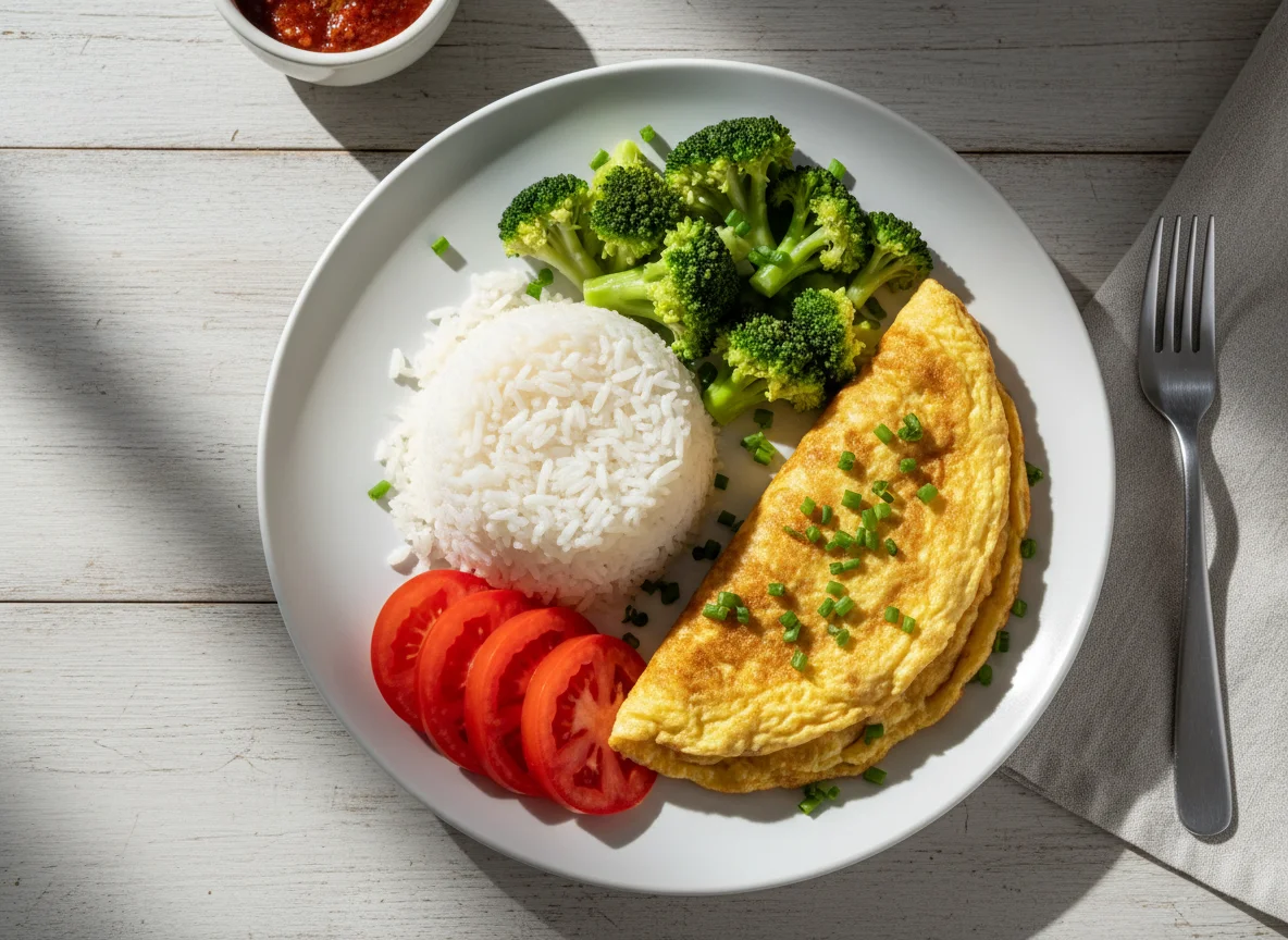 Prato com omelete, arroz e vegetais photo
