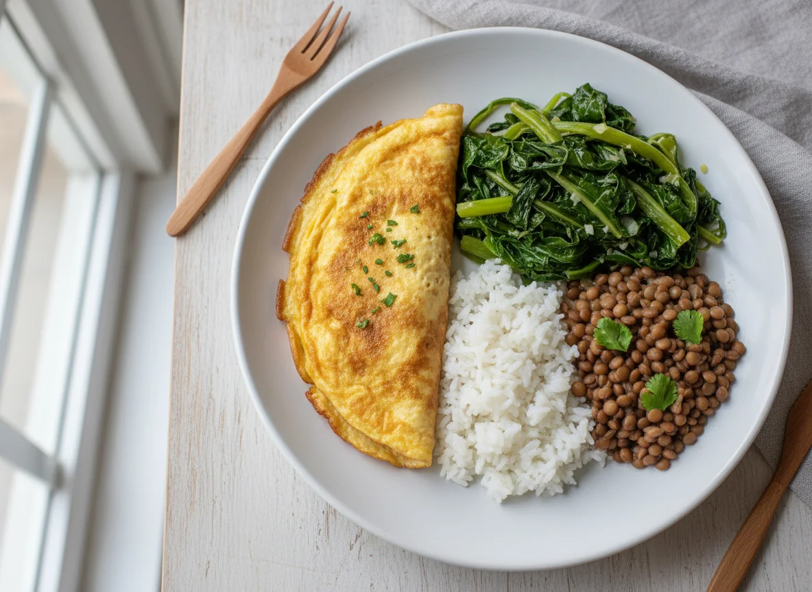 Prato com omelete, couve, arroz e lentilha photo