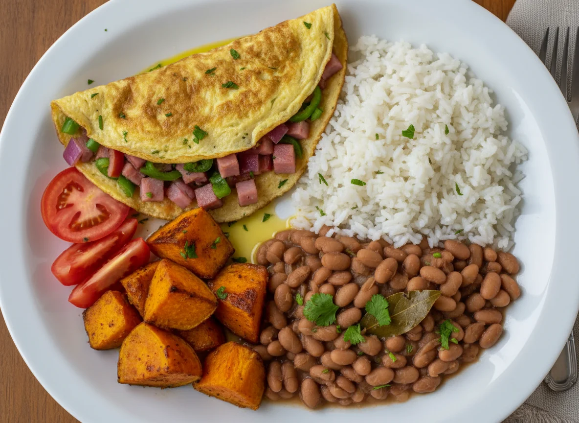 Prato com omelete, feijão, arroz e batata doce photo