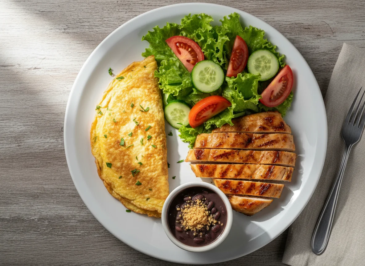 Prato com Omelete, Frango e Salada photo