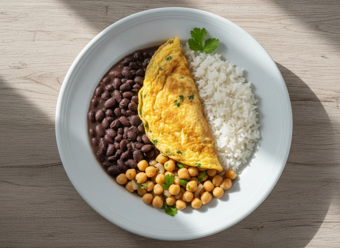 Prato com omelete, grão de bico, arroz e feijão photo