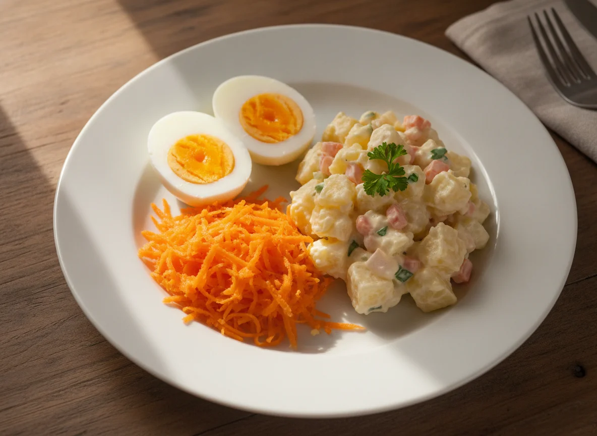 Prato com ovo cozido, cenoura ralada e salada de batata photo