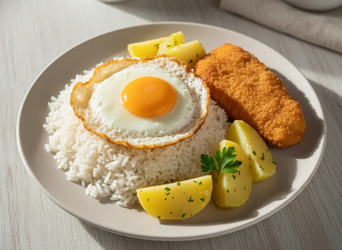 Prato com ovo frito, arroz, batata e peixe photo