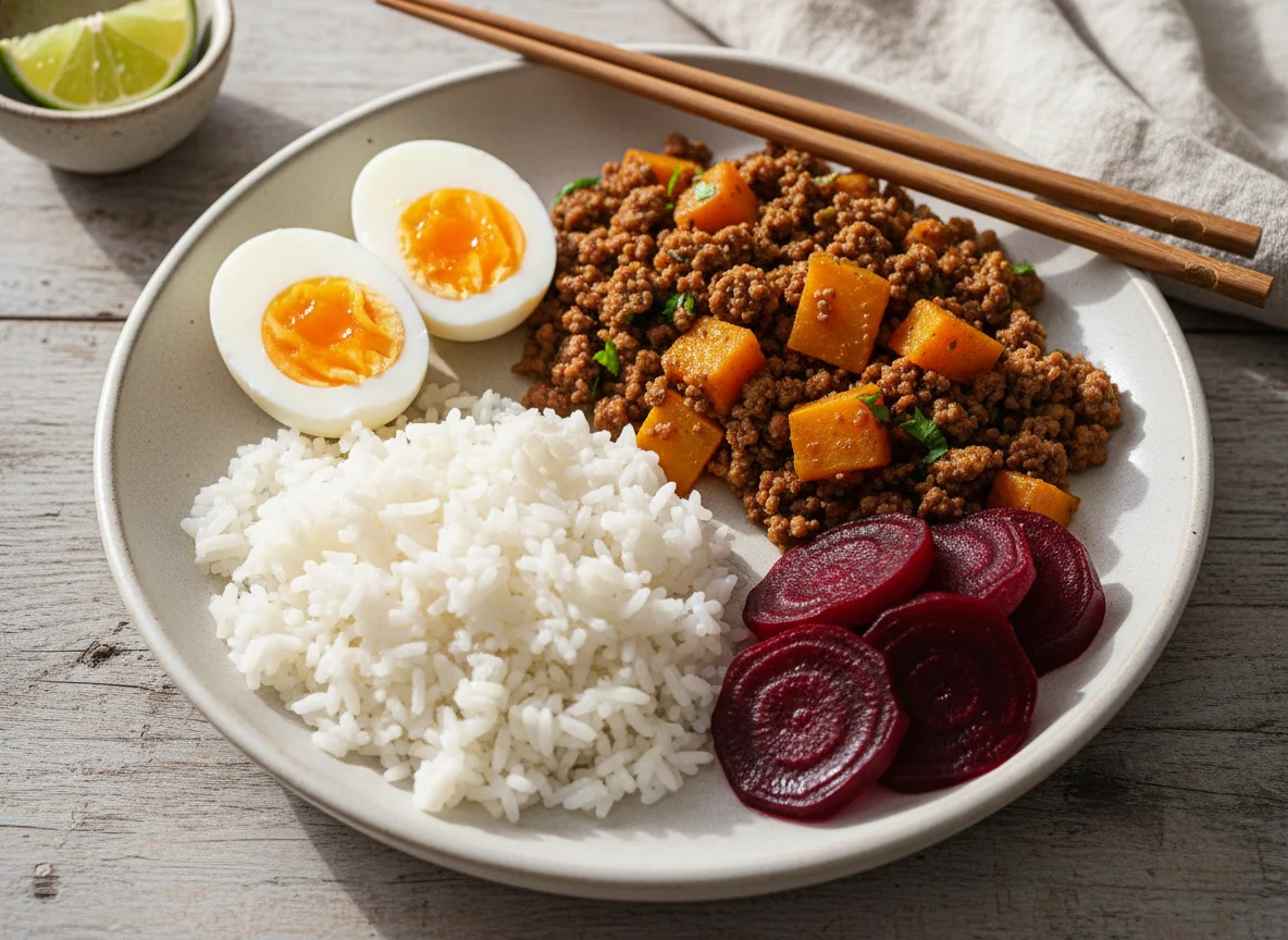 Prato com ovos, arroz, beterraba e carne moída com abóbora photo