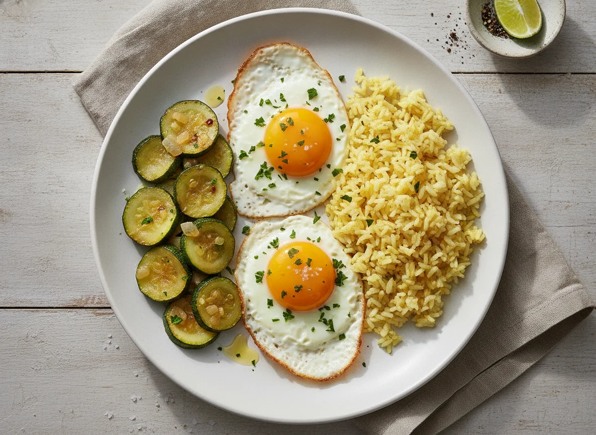 Prato com ovos, arroz e abobrinha photo