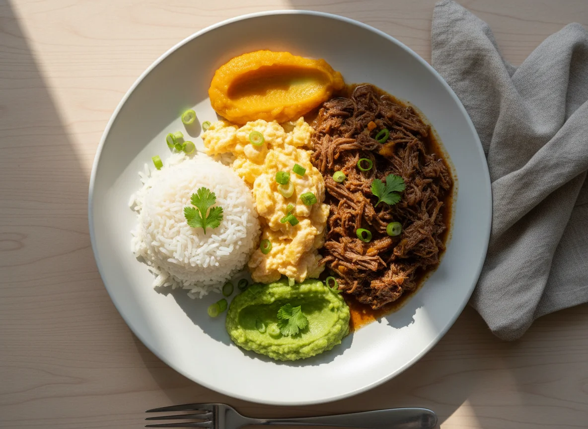 Prato com ovos, arroz e carne photo