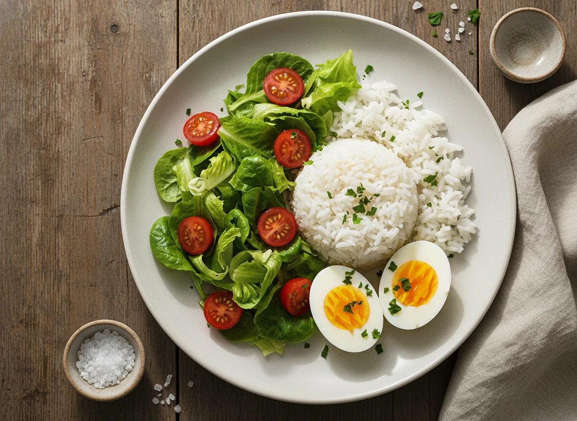 Prato com ovos, arroz e salada photo