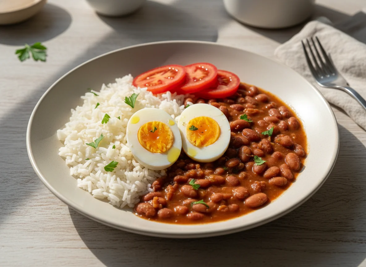 Prato com ovos, arroz, feijão e tomate photo