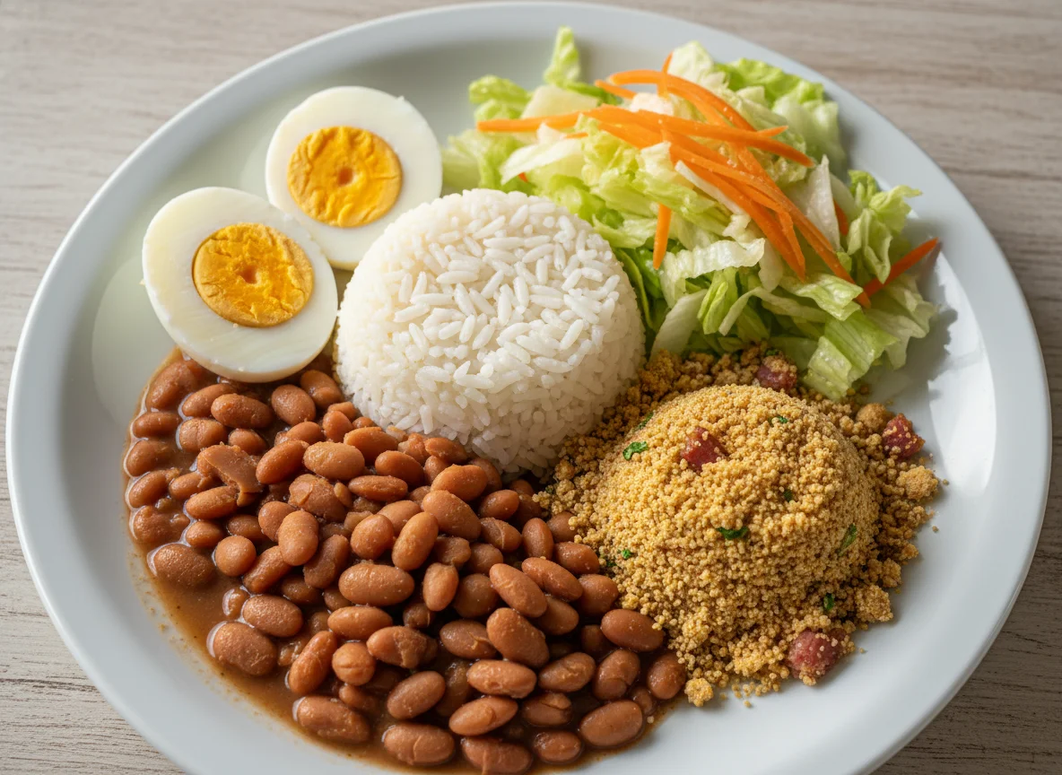 Prato com ovos, arroz, feijão, farofa e salada photo
