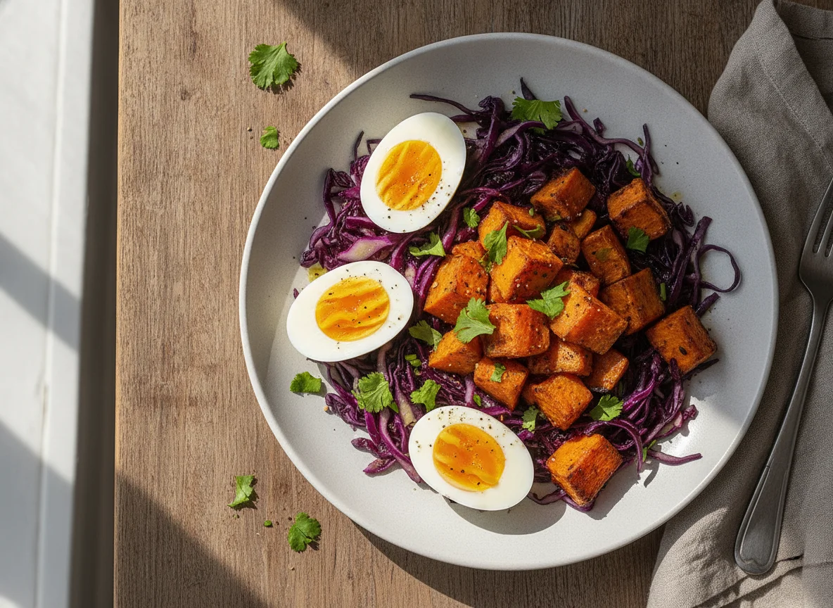 Prato com ovos, batata doce e repolho roxo photo