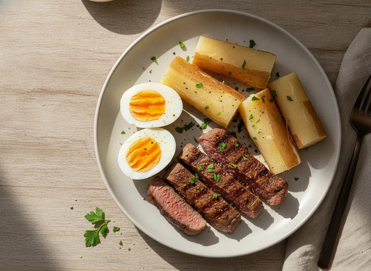 Prato com ovos, carne e mandioca photo