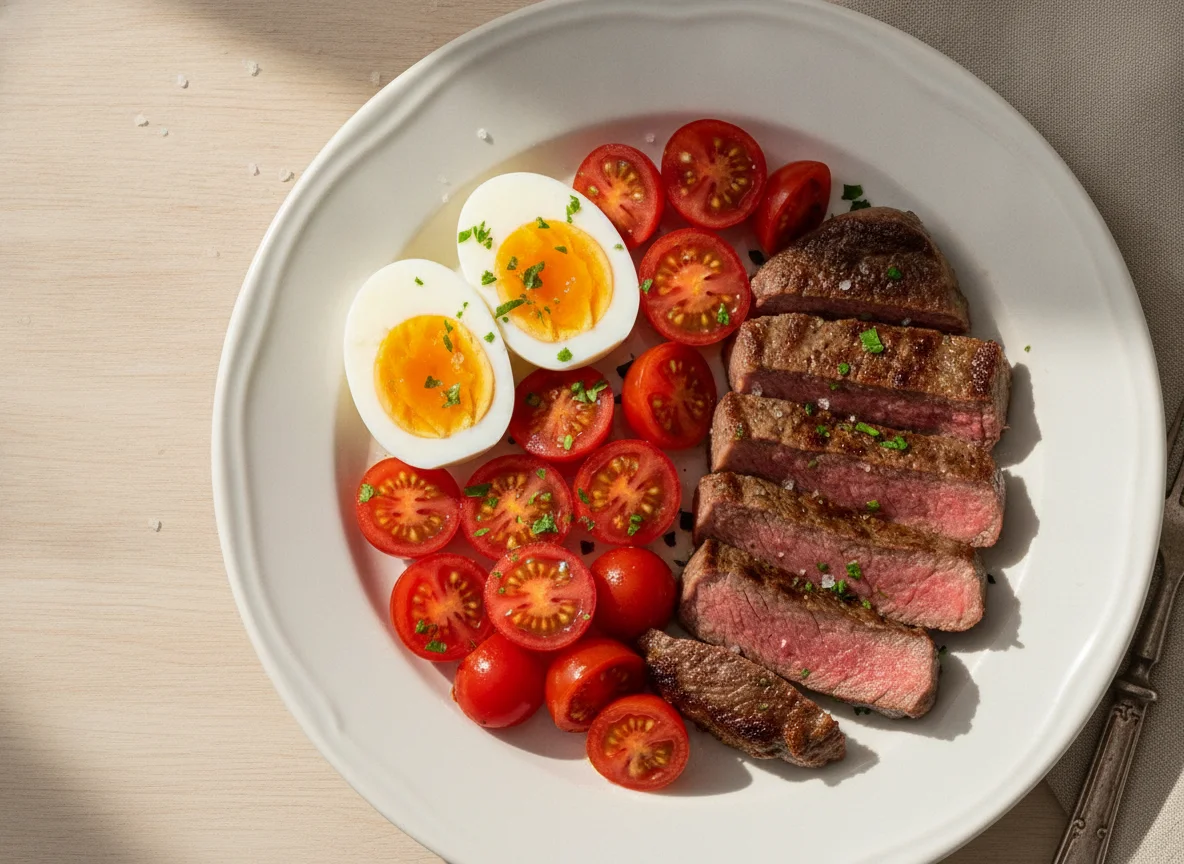 Prato com ovos, carne e tomate photo