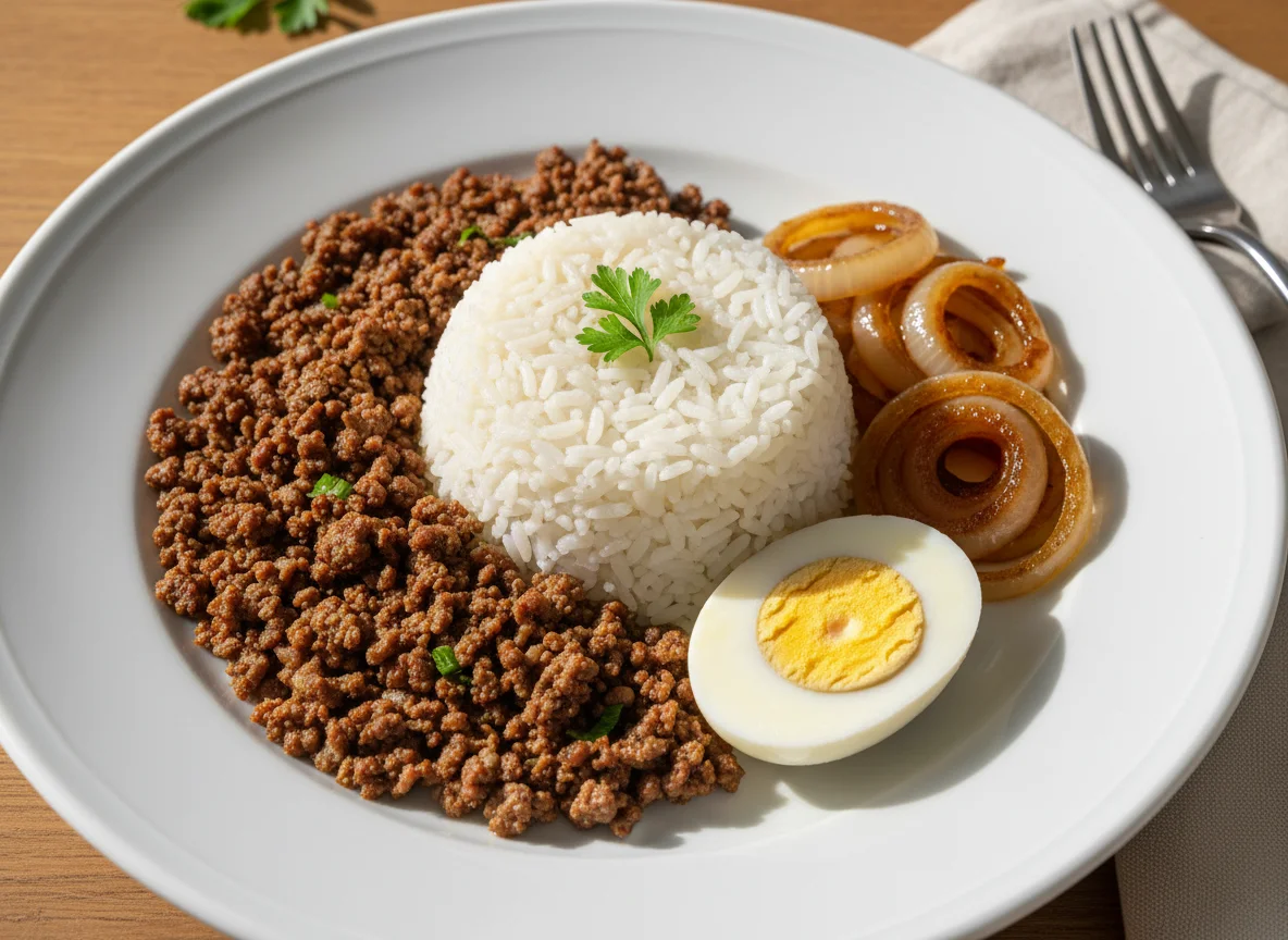 Prato com ovos, carne moída, cebola caramelizada e arroz photo