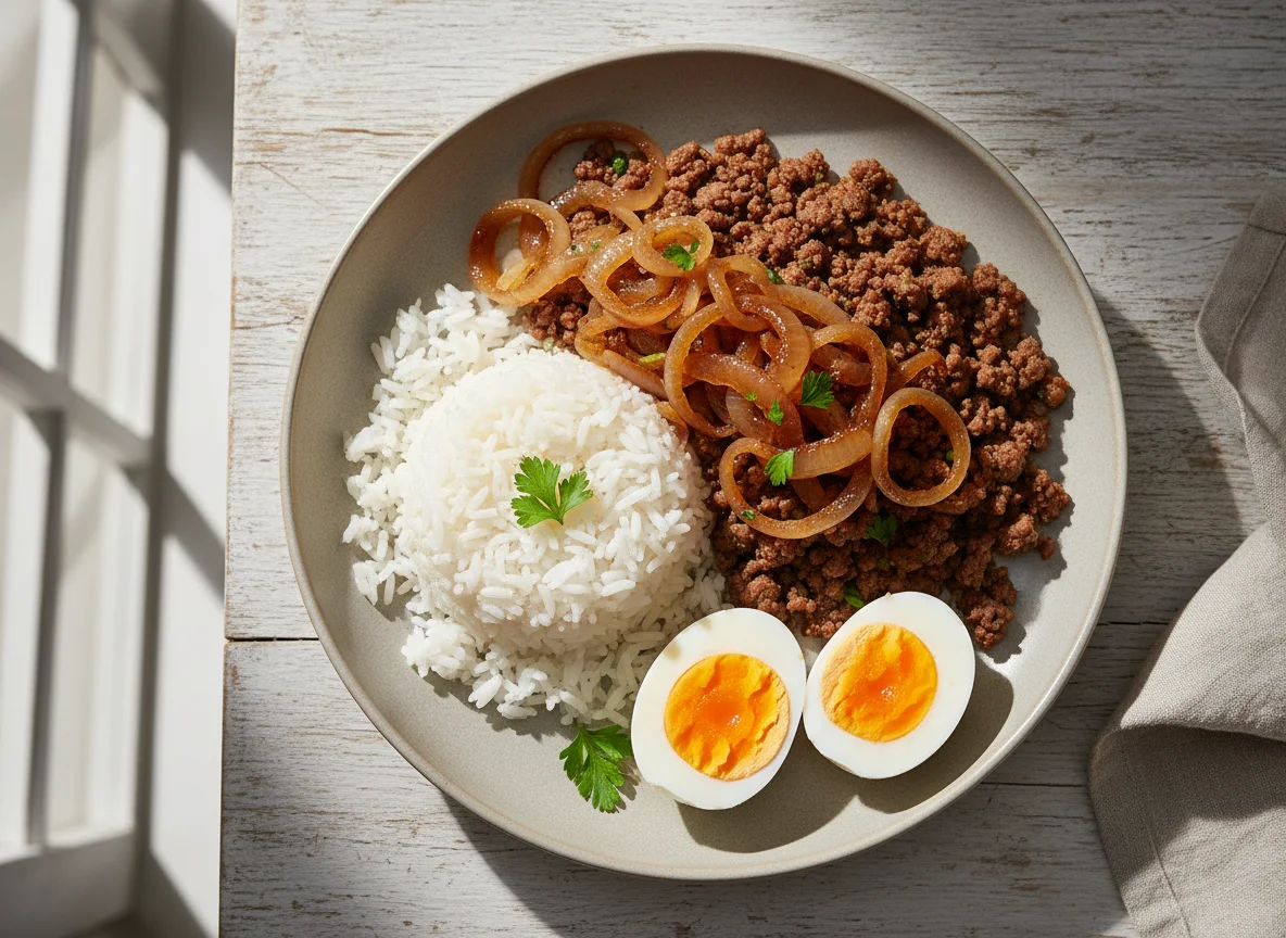 Prato com ovos, cebola caramelizada, arroz e carne moída photo